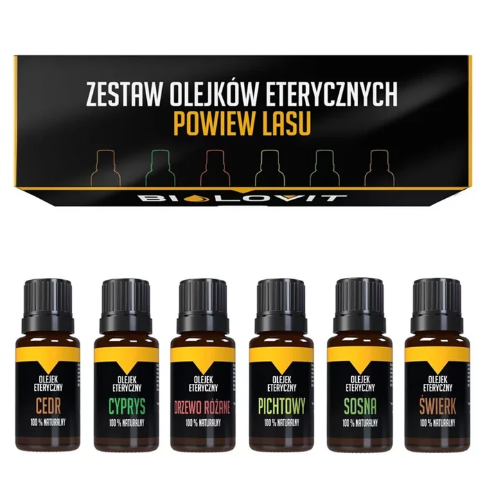 Czarno-żółte pudełko od góry oraz 6 buteleczek